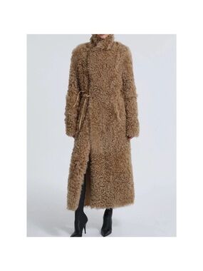 Nour Hammour Joni - Long Mongolian Shearling Coat in Camel Brown - EU 40